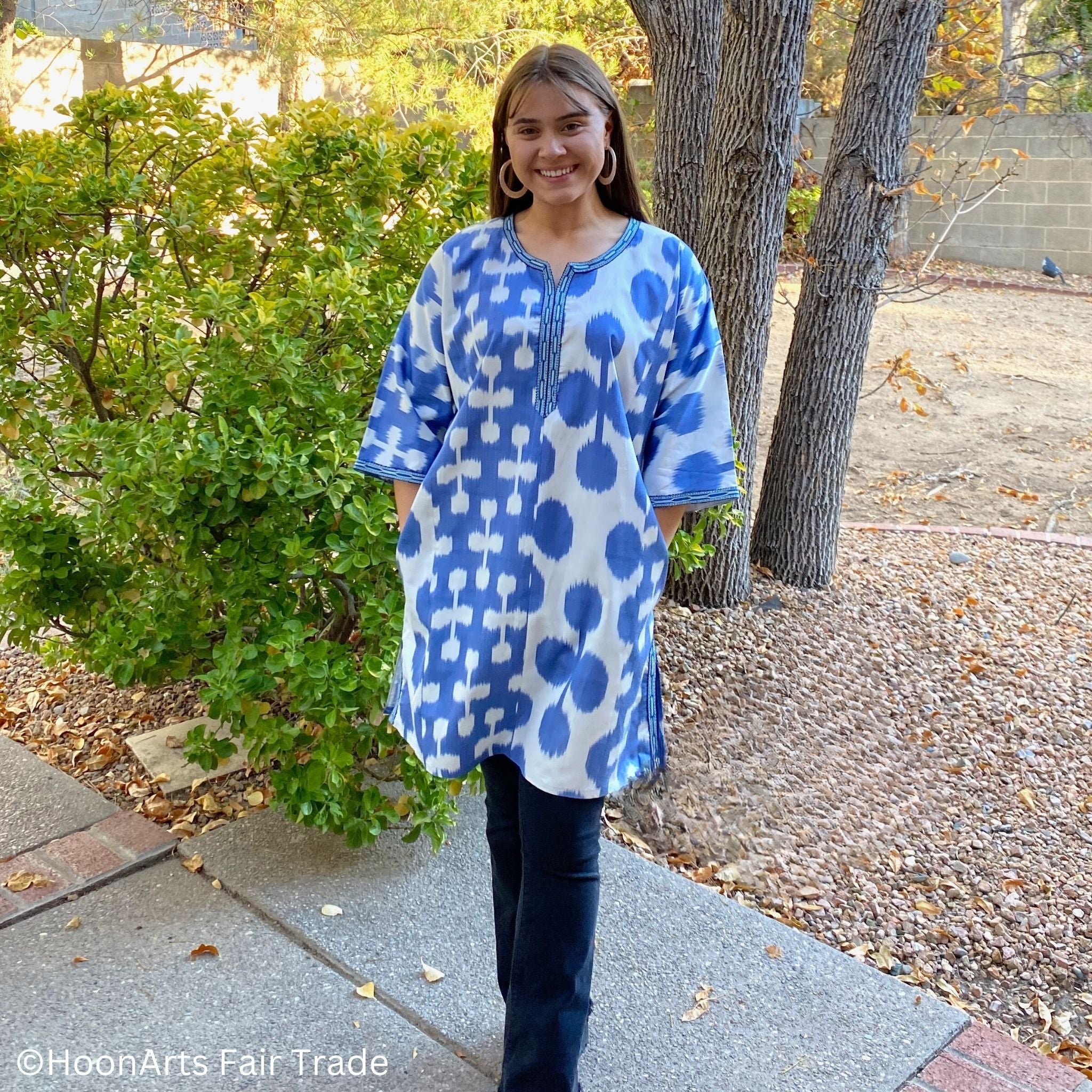 Blue & White Ikat Dress-Tunic | HoonArts
