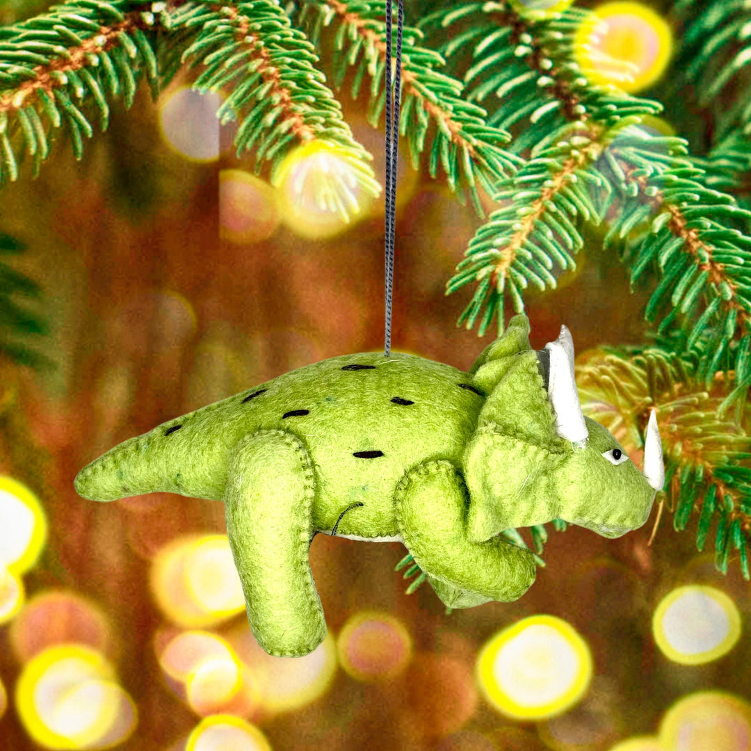Green Triceratops Dino handmade felted Christmas ornament