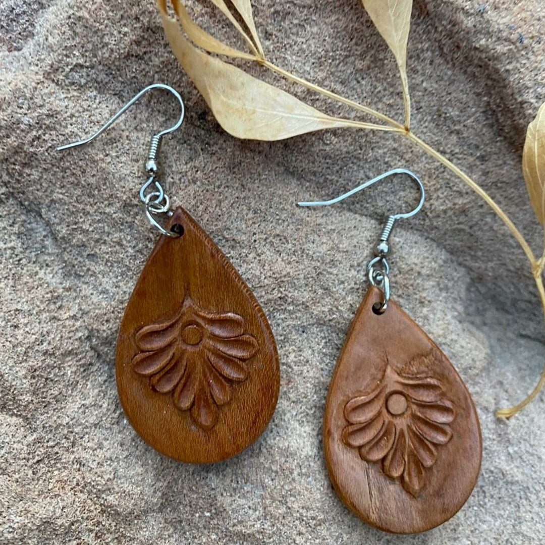 Wooden earrings - teardrops with flowers hand carved on apricot wood