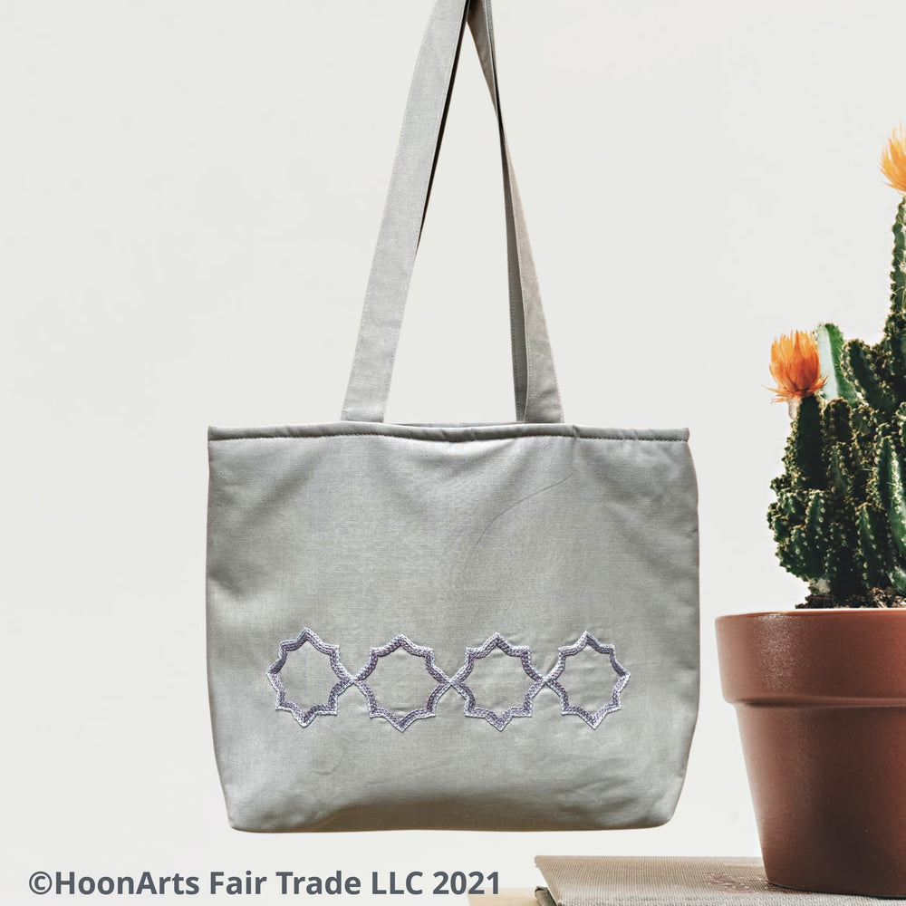 Grey Tote Bag With Lovely Hand Embroidered Eastern Star Pattern Design | HoonArts