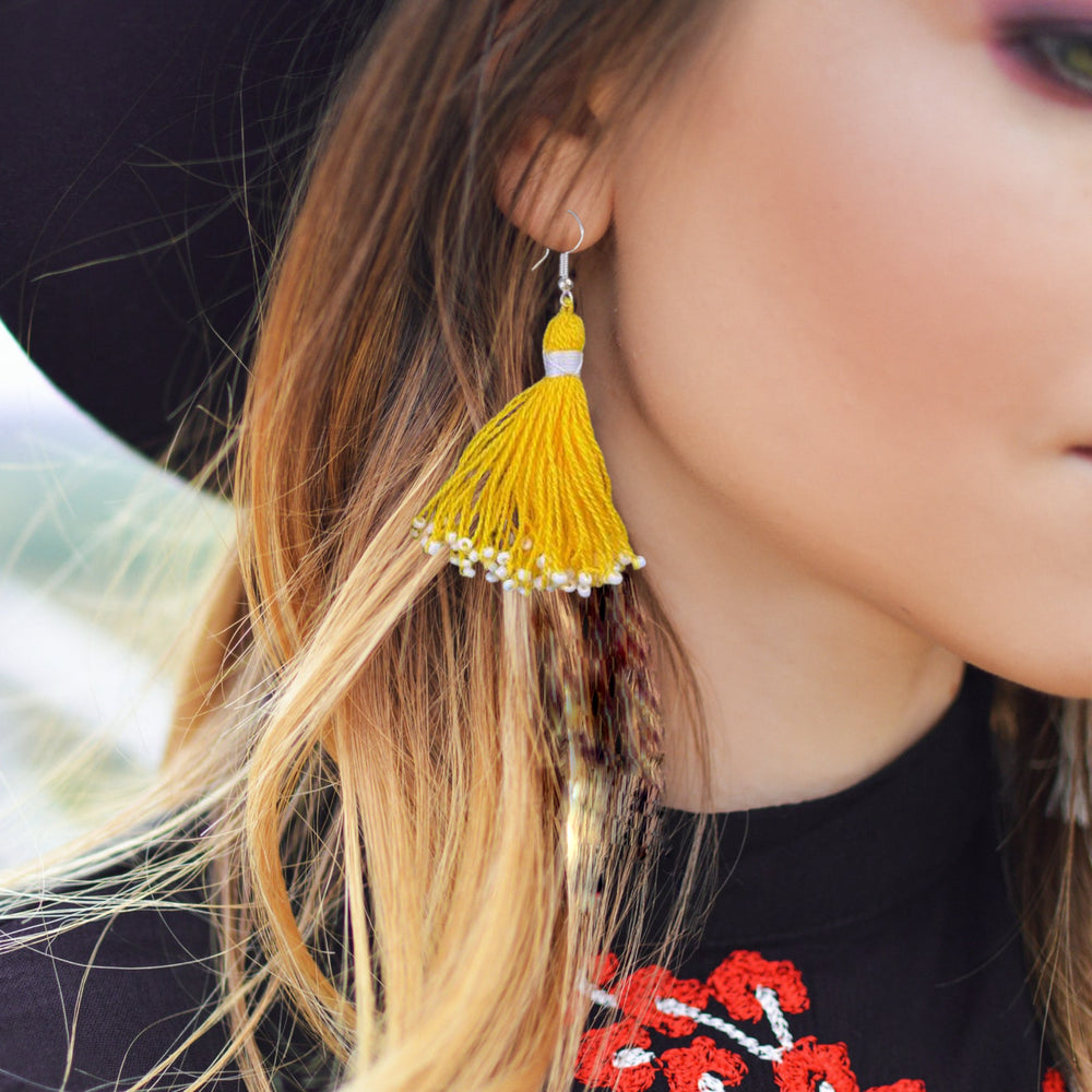 Handmade Beaded Tassel Earrings from Tajikistan Yellow Mockup
