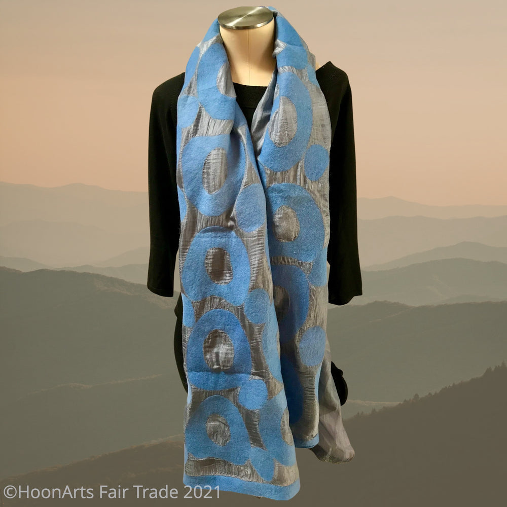 Hand-felted Silk Scarf/Shawl, Blue Circles on Light Grey - made in Kyrgyzstan