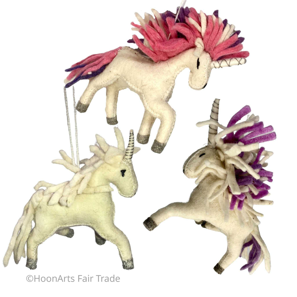 Handmade Felt Christmas Ornaments-3 varieties-all white, white with purple mane, white with pink & purple mane | HoonArts