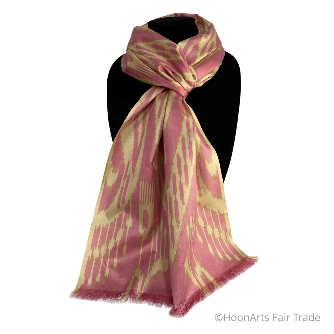Handwoven Uzbek Ikat Silk Scarf-Pastel Pink on Cream