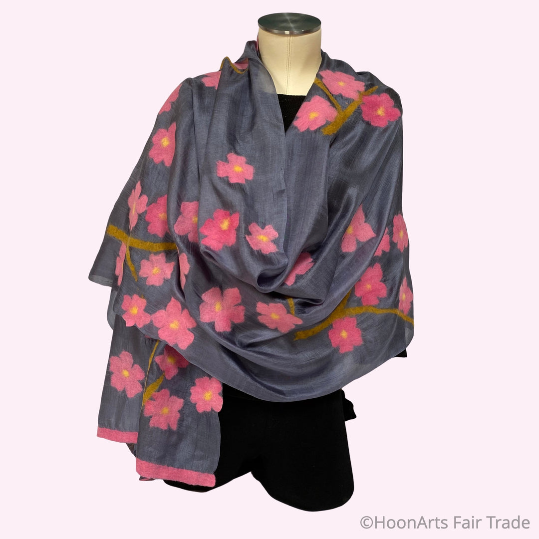 Kyrgyz Felted Silk Shawl-Pink Sakura Flowers on Grey