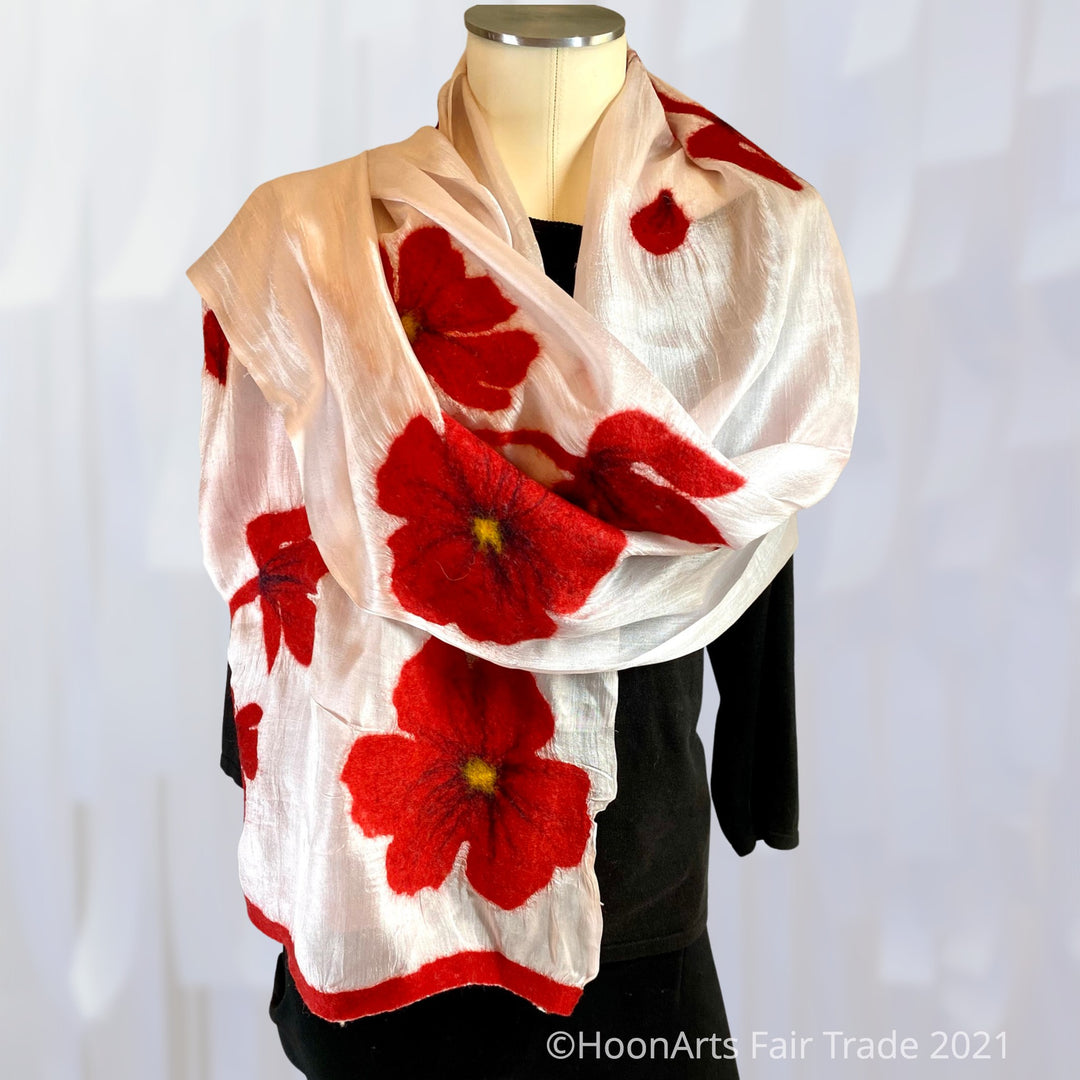 Kyrgyz Silk and Felted Scarf, Alumni Red Poppies on White Silk