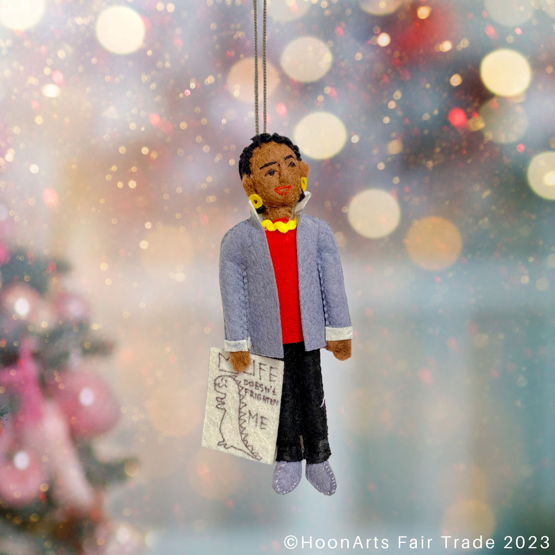 Maya Angelou Hand Felted Ornament in Christmas Background 1