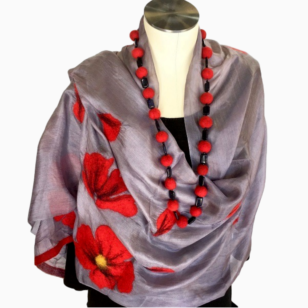Red felted poppies on light grey silk from Seven Sisters of Kyrgyzstan
