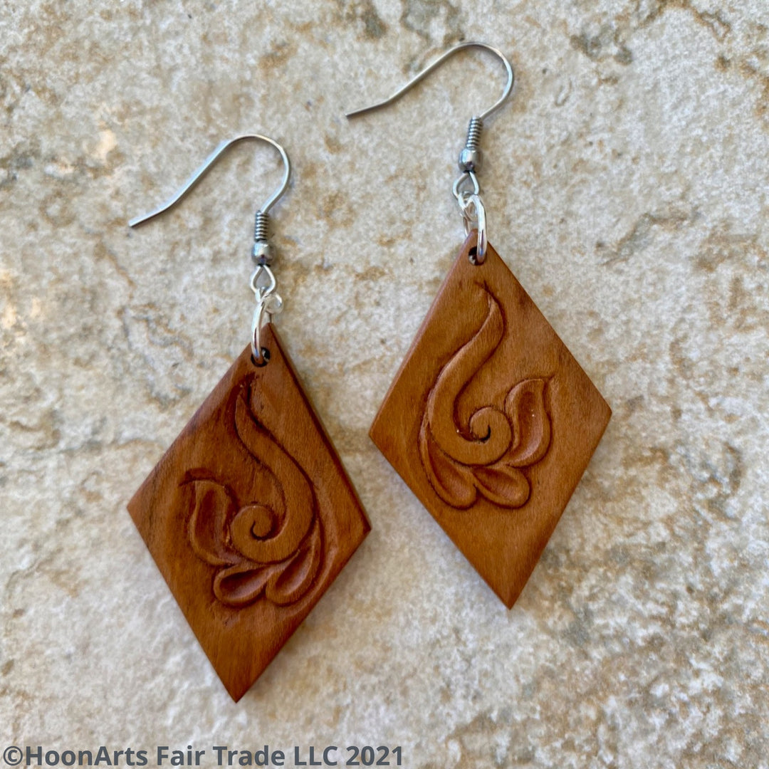 Hand Carved Earrings - Swirled Flower on Diamond | HoonArts 1