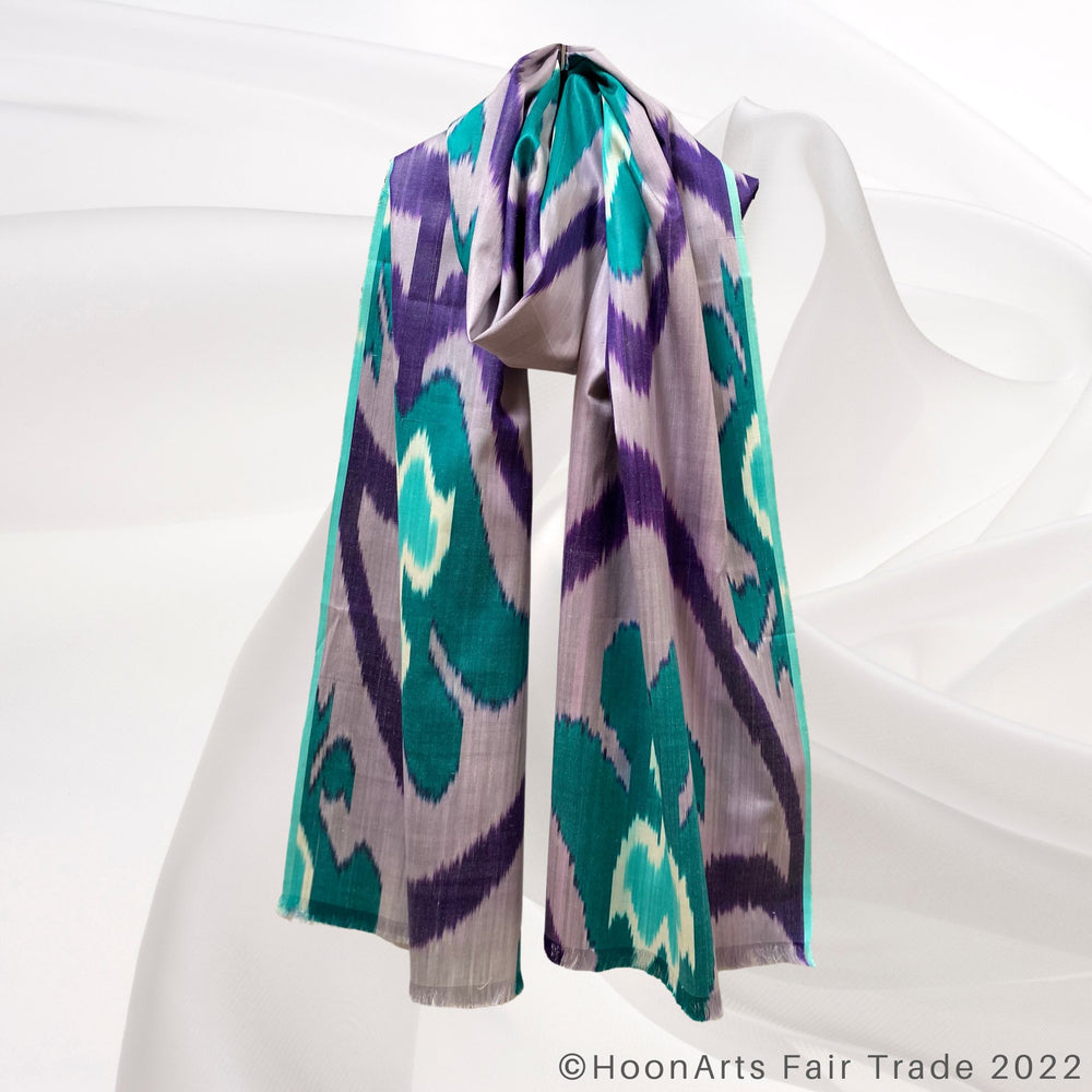 Teal & Purple Ikat Scarf wrap around neck