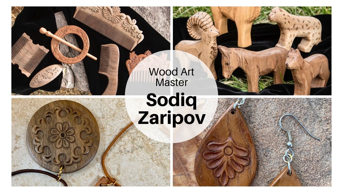wood art master Sodiq Zaripov wooden combs, barrettes, pendants, earrings