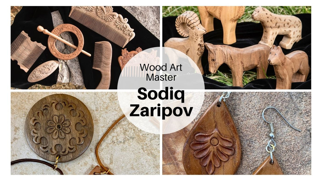 wood art master Sodiq Zaripov wooden combs, barrettes, pendants, earrings