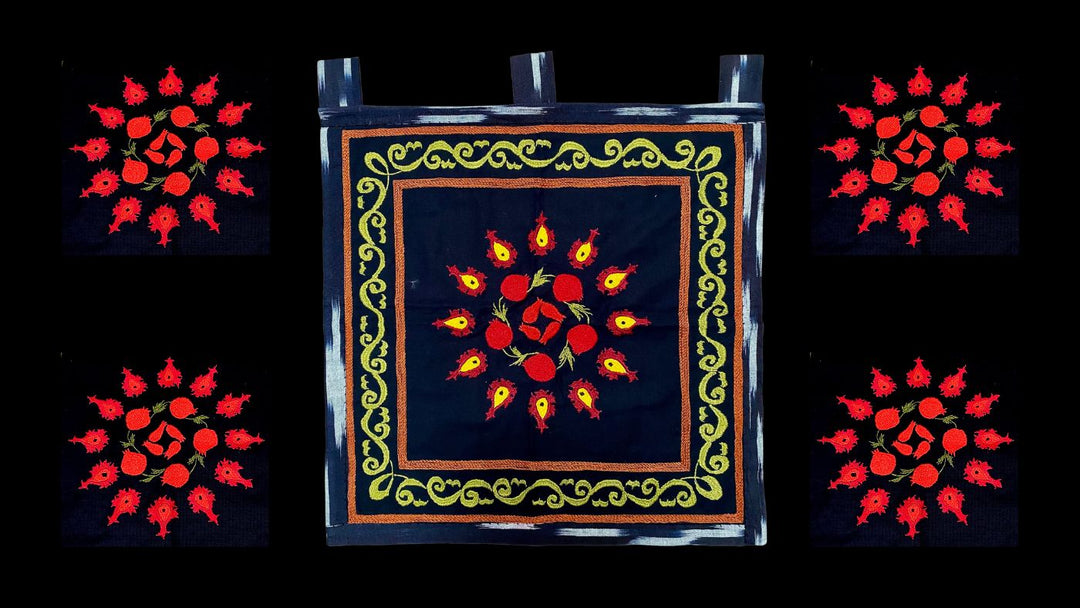 Square wall hanging featuring concentric circles of hand-embroidered pomegranates from Tajikistan | HoonArts
