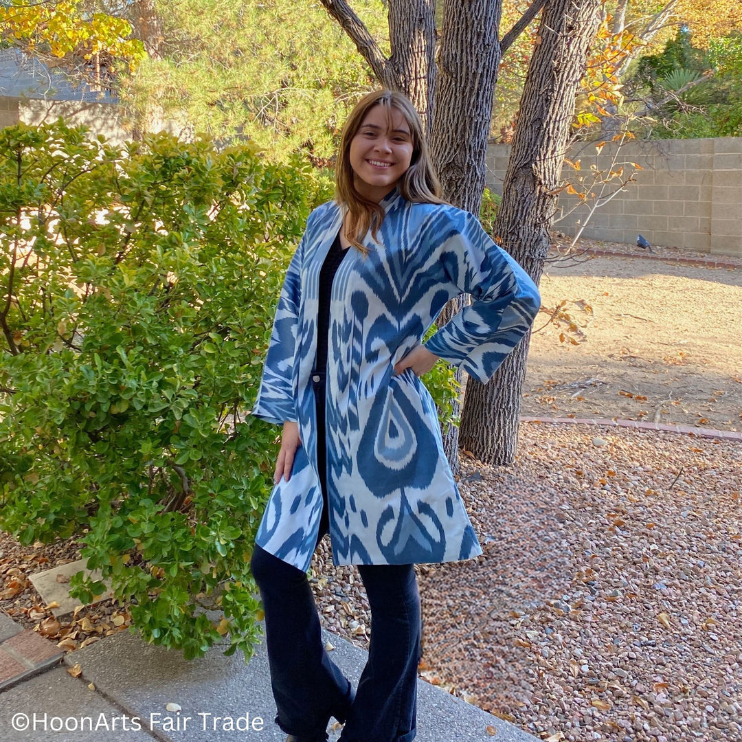 Shades of Blue Ikat Cardigan on a model