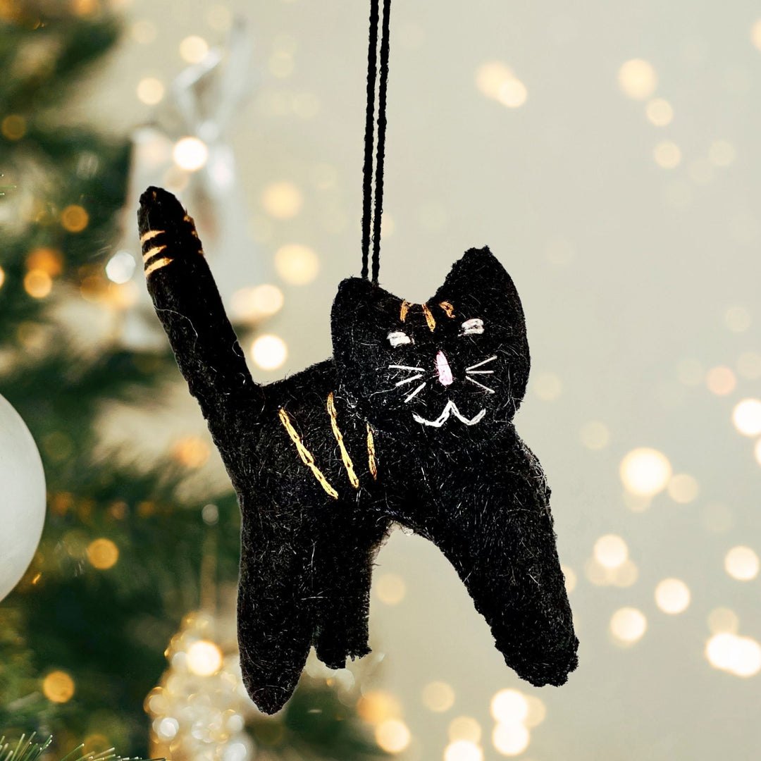 Black Cat Felted Ornament Christmas Tree background
