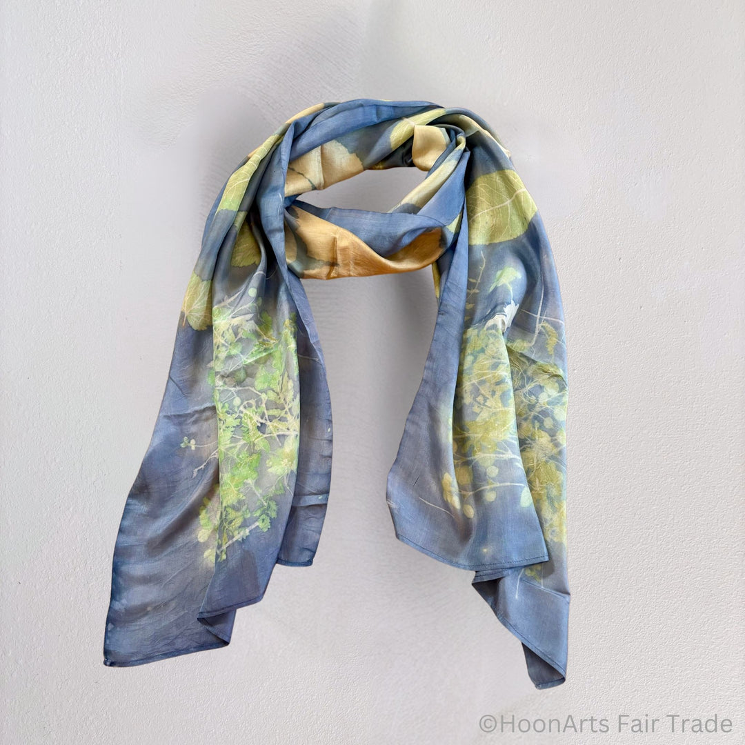 Denim Colored Eco - Printed Silk Scarf light grey natural background