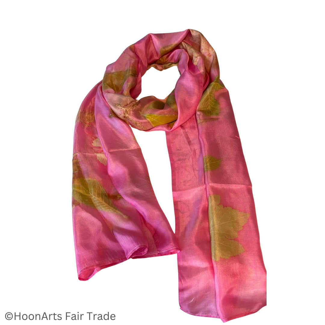 Pink Eco-Printed Silk Scarf with Botanical Patterns