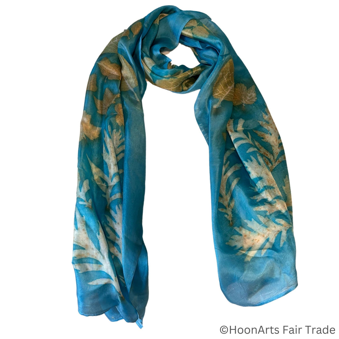 Turquoise Eco-Printed Silk Scarf featuring nature-inspired designs