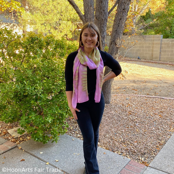 Fair Trade Pink Silk Scarf with Unique Botanical Designs