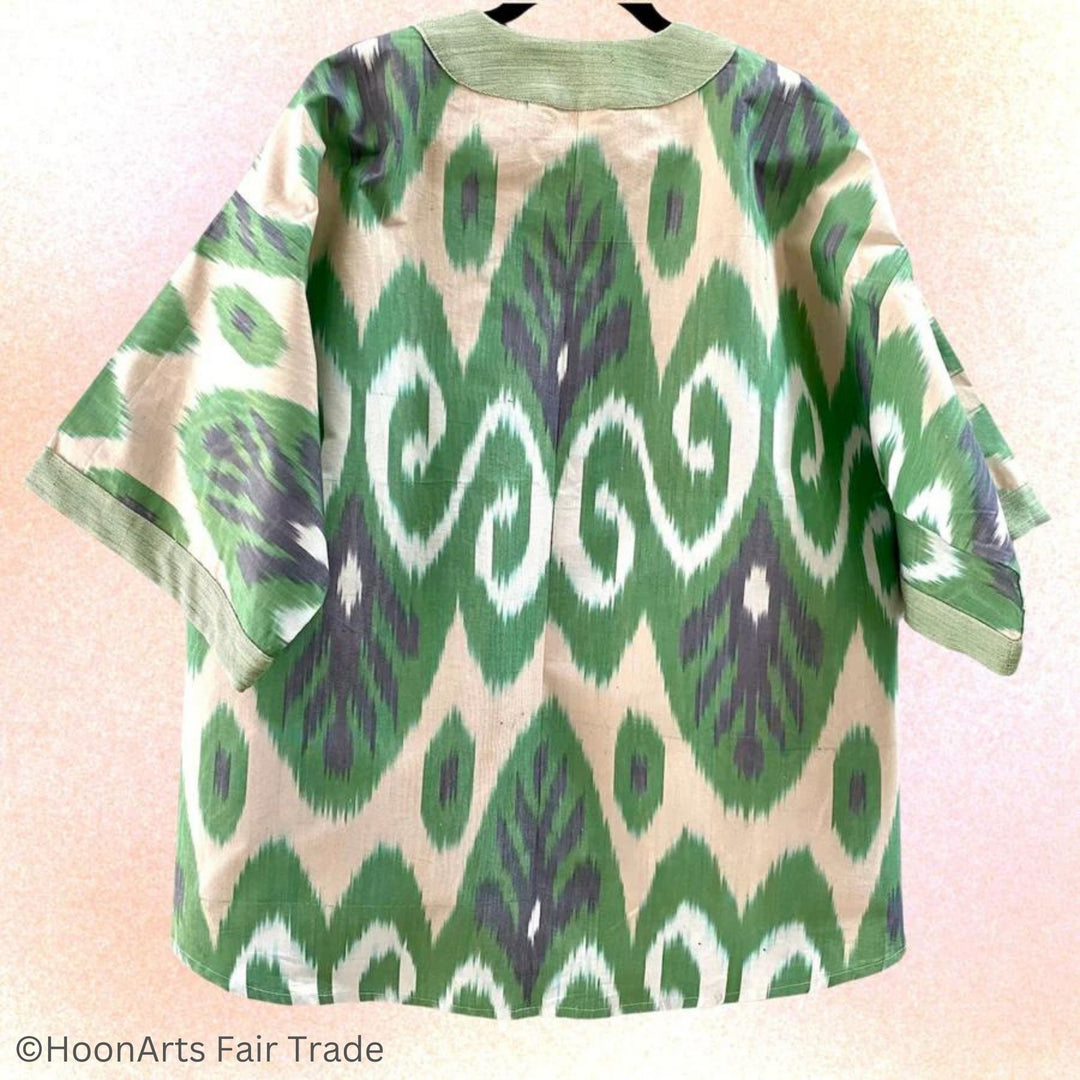 Green Embroidered Ikat Jacket Kimono Back Side Mottled Background