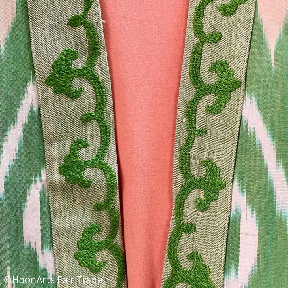 Green Embroidered Ikat Jacket Kimono Embroidery Closeup