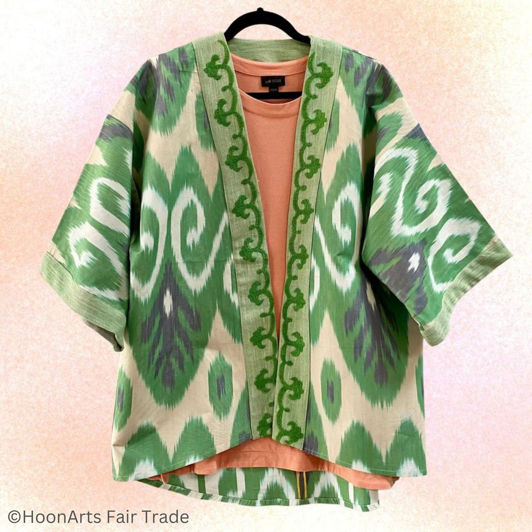 Green Embroidered Ikat Jacket Kimono Front Side Mottled Background