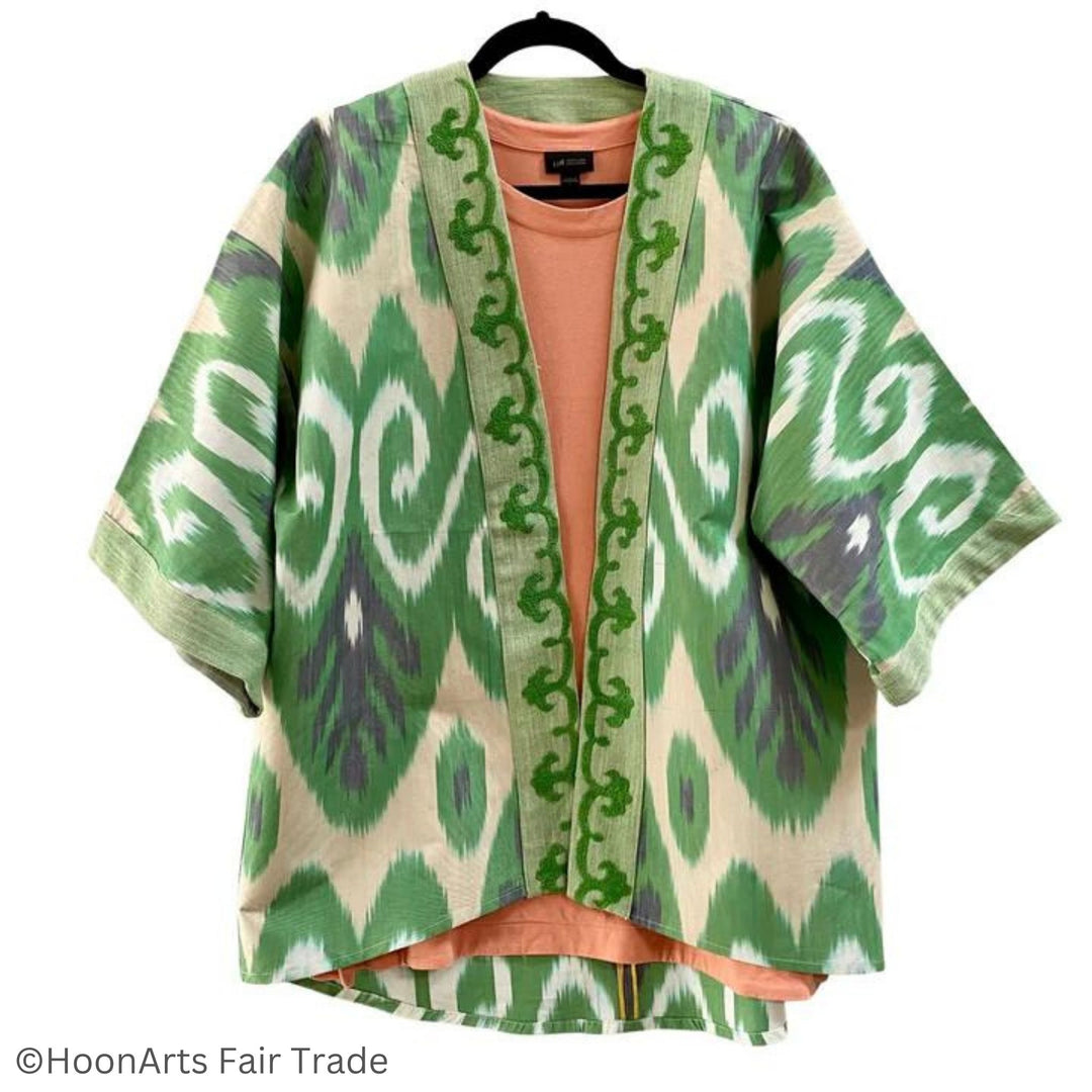 Green Embroidered Ikat Jacket Kimono Front Side White Background