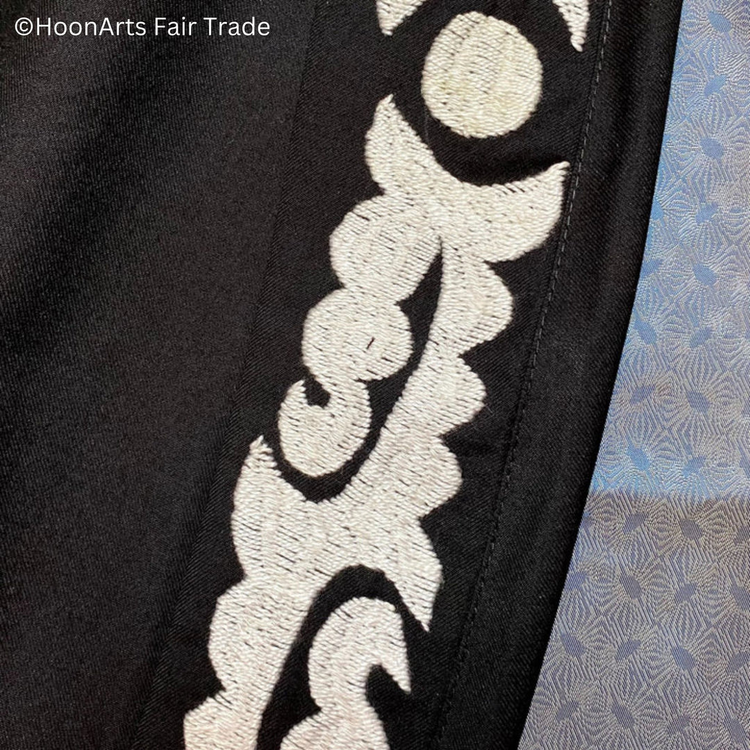 Hand Embroidered Cardigan Jacket with Tree Moon Embroidery Pattern Closeup Of White Design