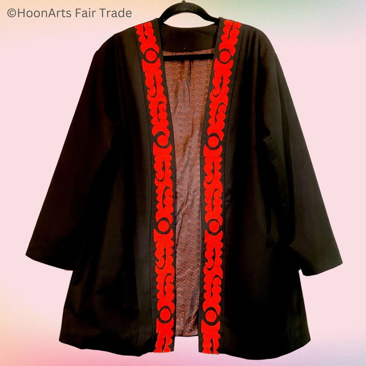 Hand Embroidered Cardigan Jacket with Tree Moon Embroidery Pattern Front