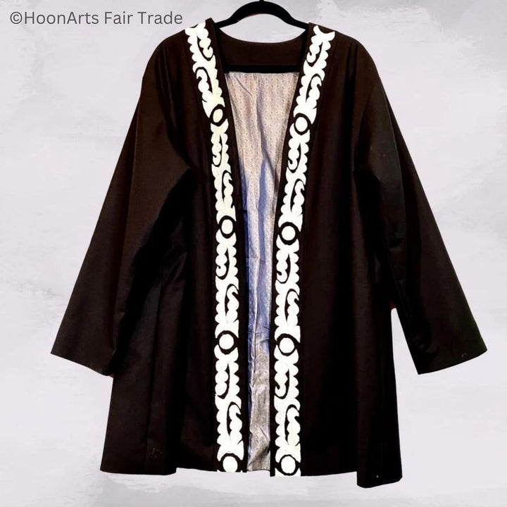 Hand Embroidered Cardigan Jacket with Tree Moon Embroidery Pattern White