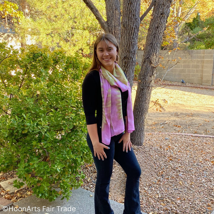 Handwoven Silk Scarf with Eco-Friendly Pink Prints