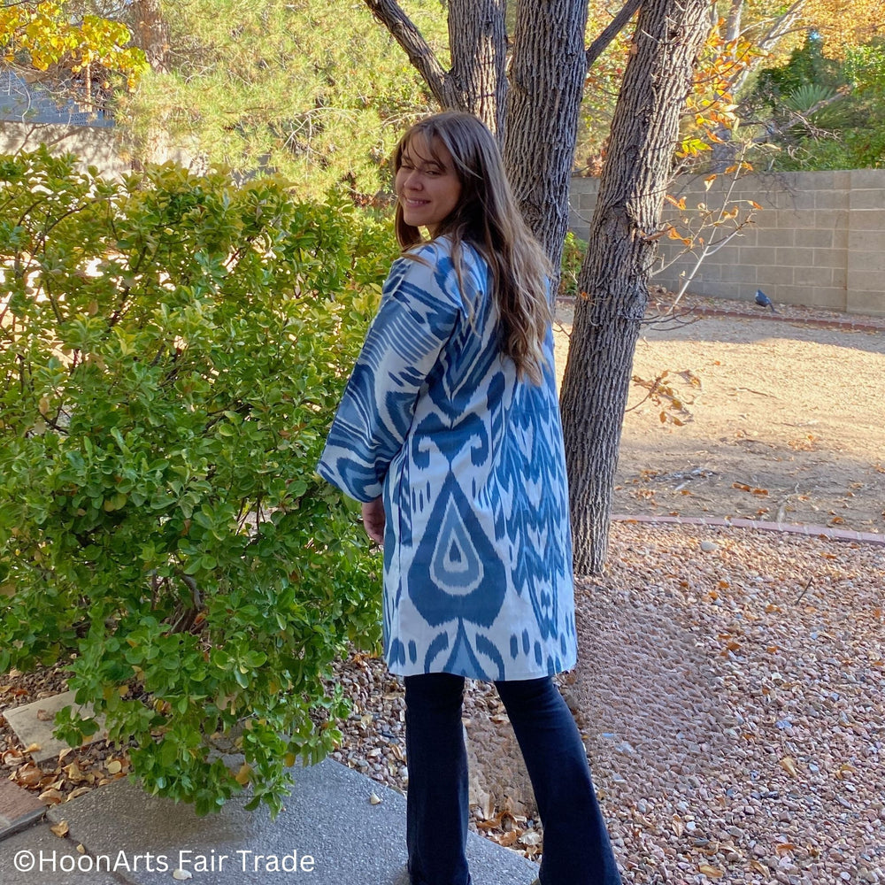 Intricate patterns on Shades of Blue Ikat Cardigan when worn
