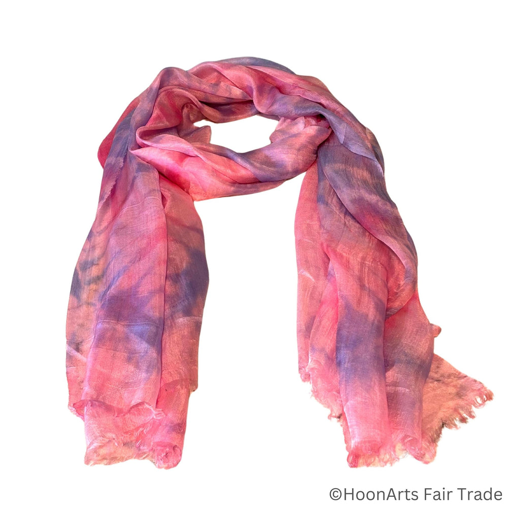 Hand-dyed Uzbek silk scarf Pale Pink with Blue accent