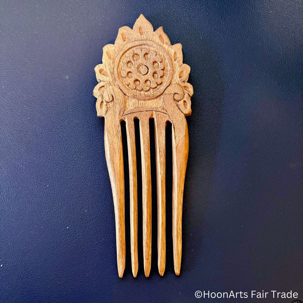 Hand Carved Pick Comb with Decorative pattern, walnut wood, 5 prongs