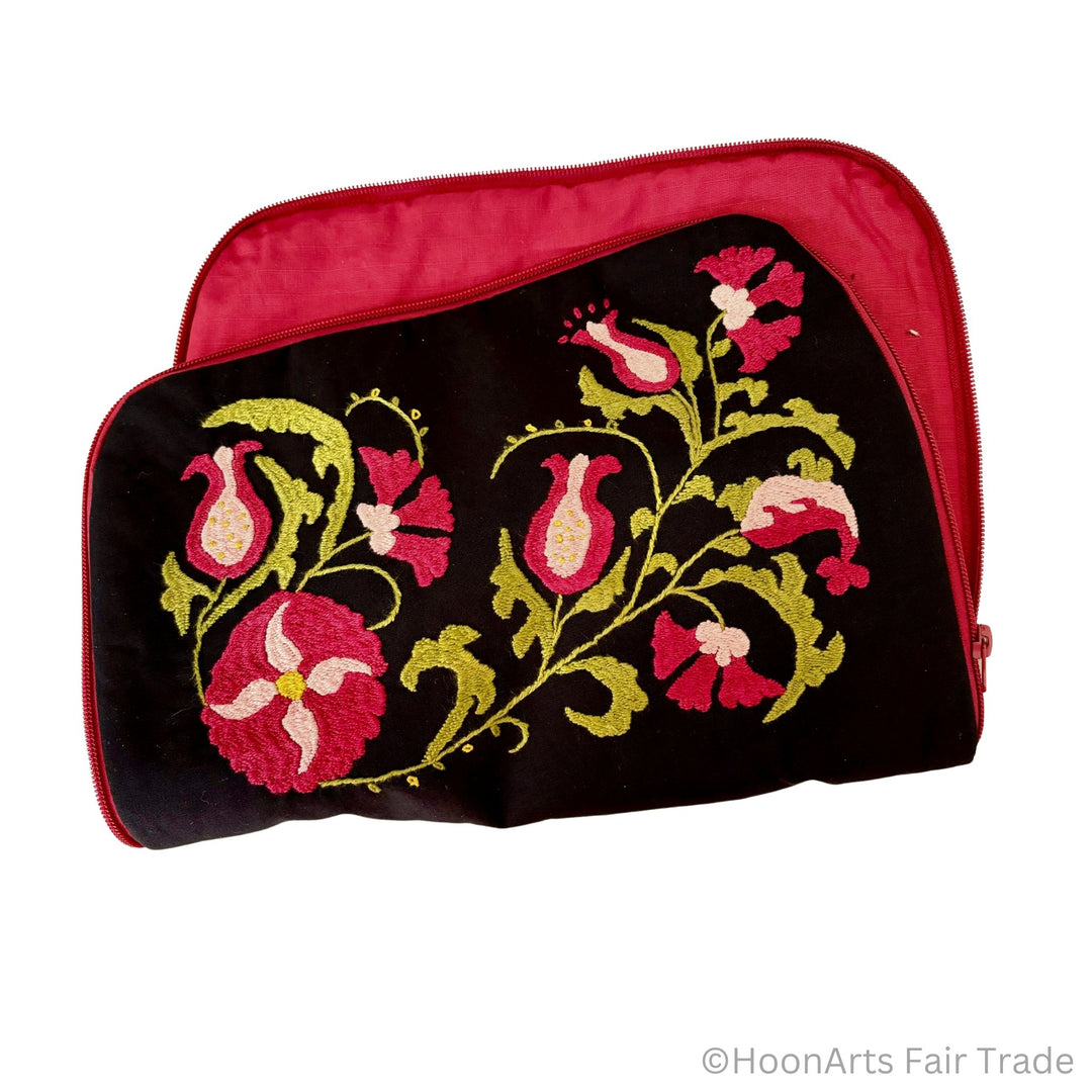 Handcrafted cotton iPad sleeve with pomegranate design open front