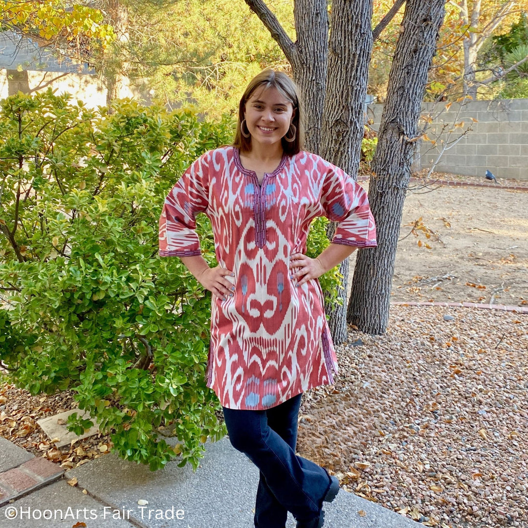 Red and White Ikat Dress - Tunic on model front