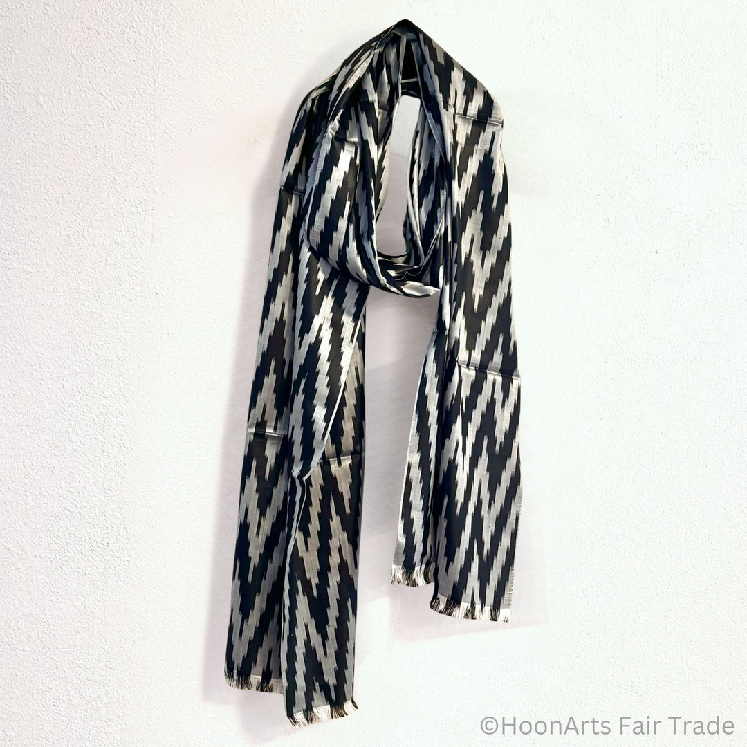 Shahina Silk Ikat Scarf light grey natural ackground