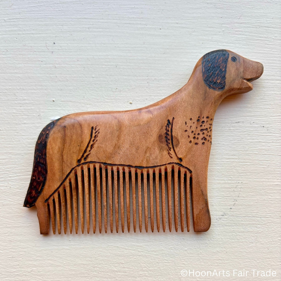 unique wooden comb handcarved in animal dog form made out of apricot wood