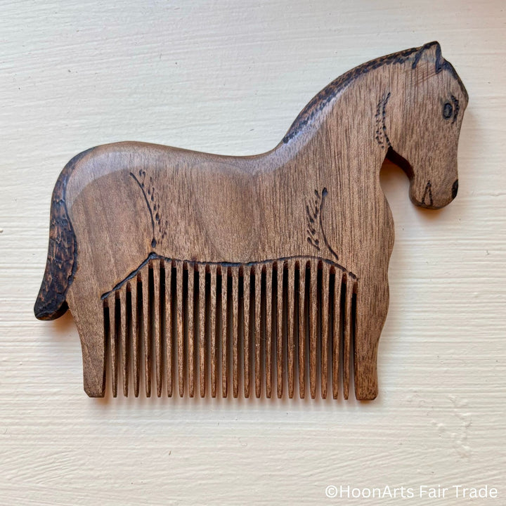 tiny horse comb from walnut wood handcarved with intricate design