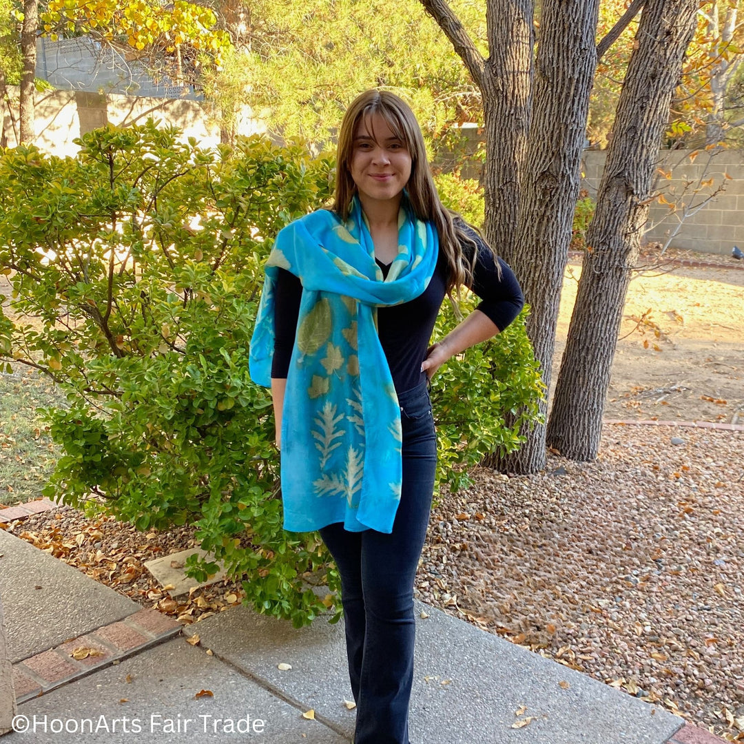 Turquoise silk scarf with one-of-a-kind eco-printed designs