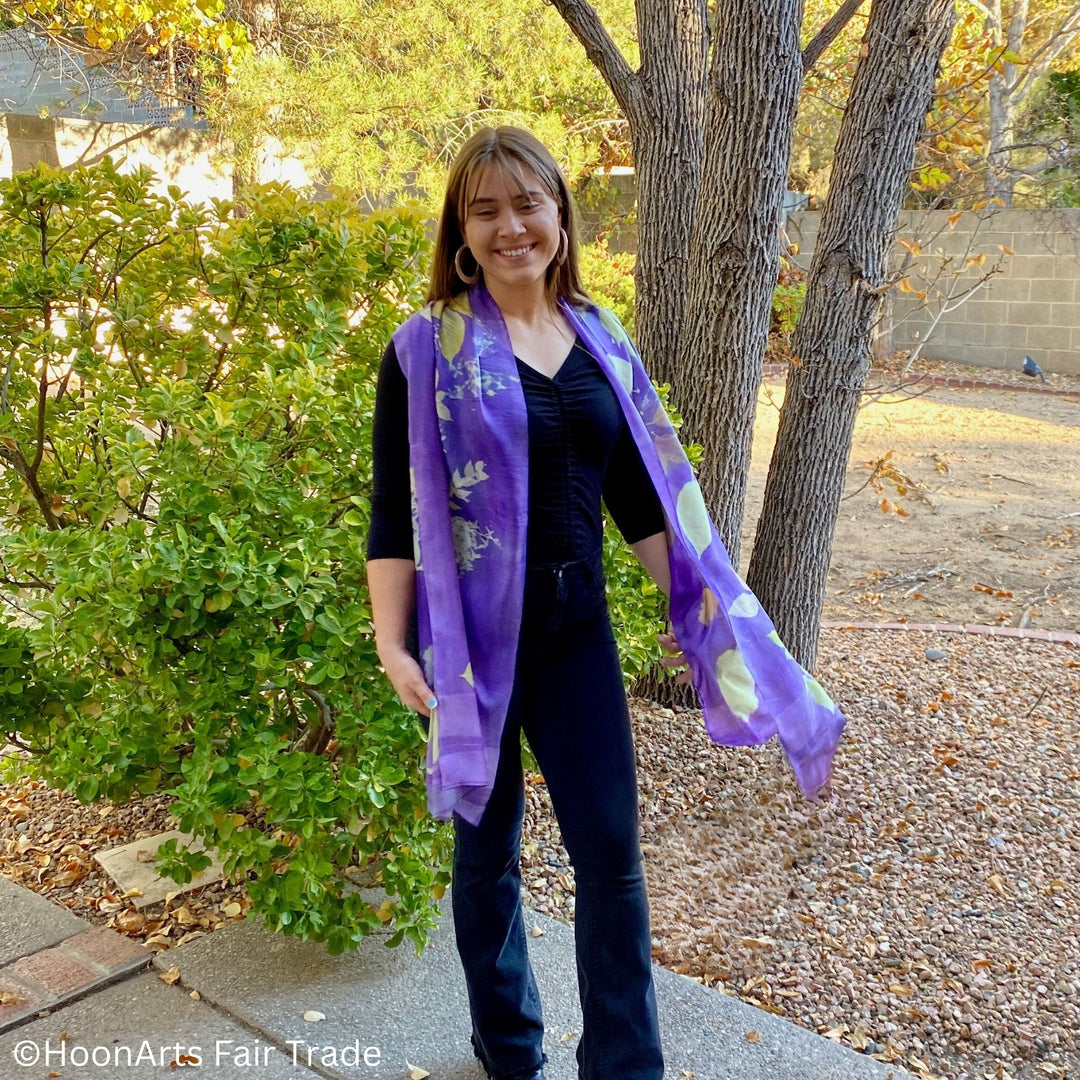 Unique eco-friendly purple silk scarf with botanical motifs