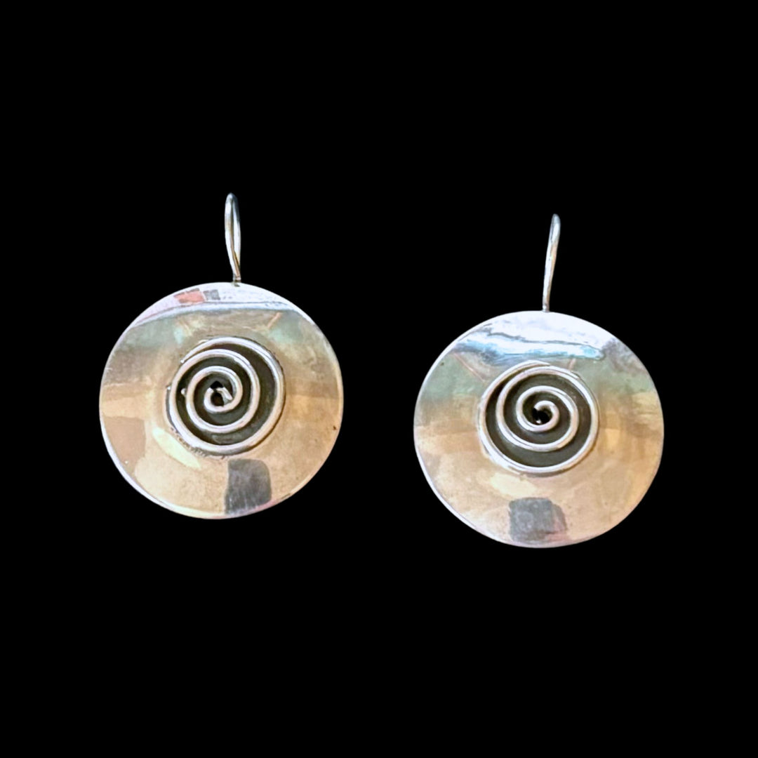 Medium-size Zamira silver earrings with small eternity spiral in middle of disc