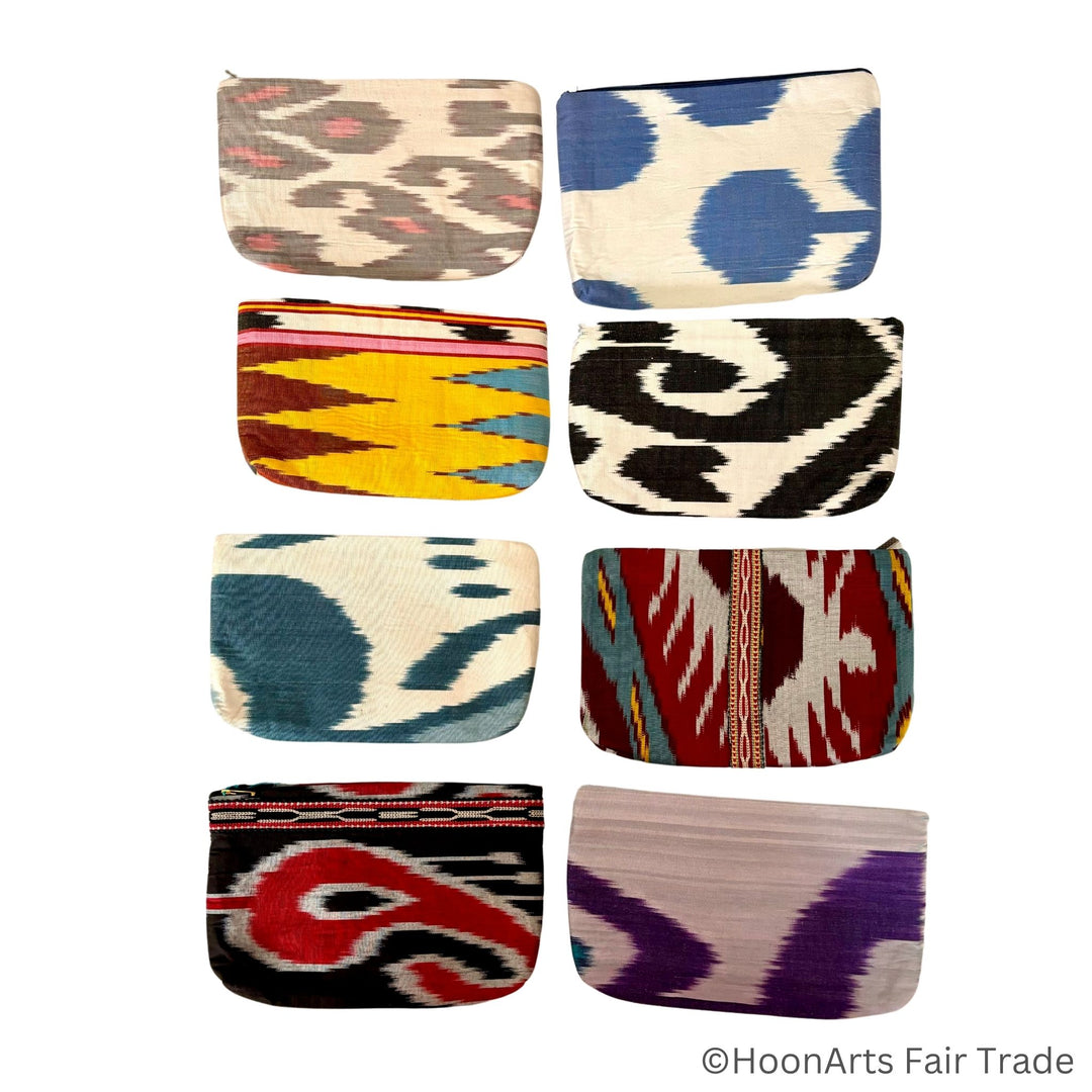 Colorful handwoven ikat clutch bags from Uzbekistan