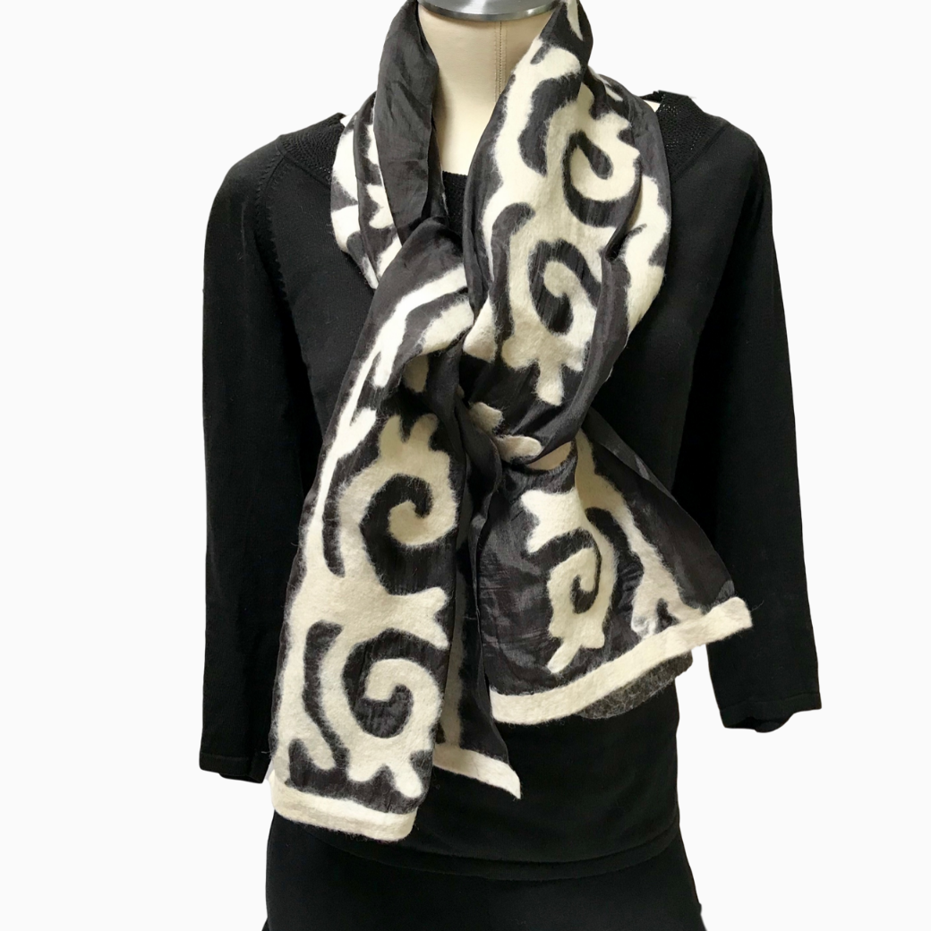 Black & White Short Felted Silk Scarf from Kyrgyzstan with Tribal Patterns