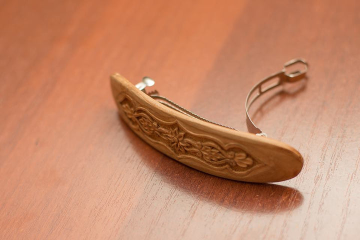 Hand Carved Ornamental Wooden Barrettes, Clip-Walnut & Apricot - Fair Trade - HoonArts - 3