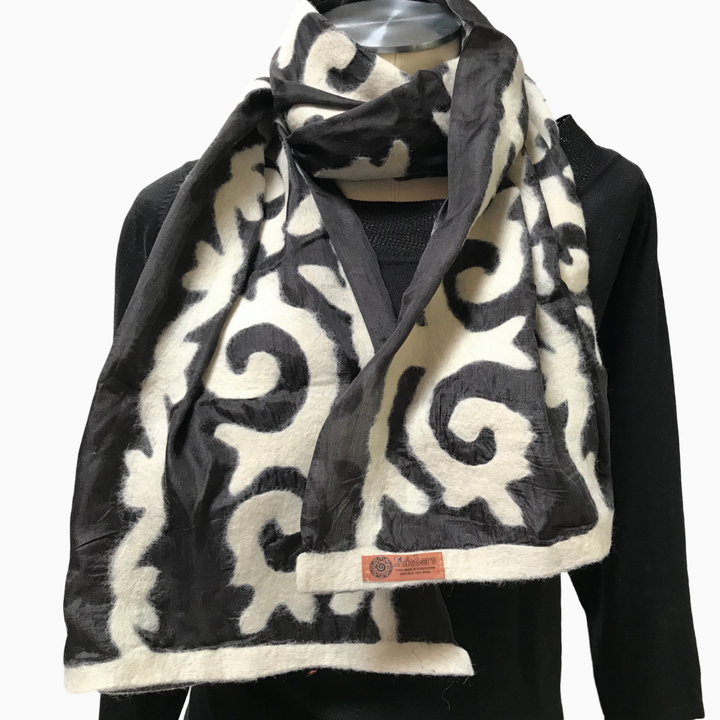 Black & White Felted Silk Scarf-Short with Tribal Patterns