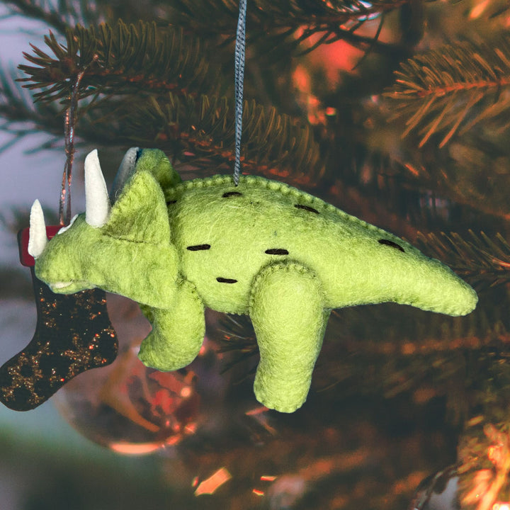 Green Dino Triceratops hanging handmade hand-felted Christmas ornament