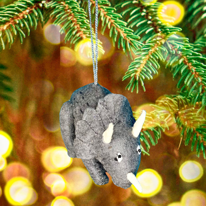 Gray Triceratops Dino handmade felted Christmas ornament