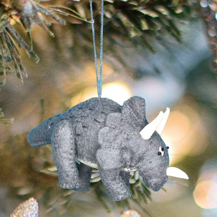 Dinosaur hanging felted Christmas ornament Triceratops gray