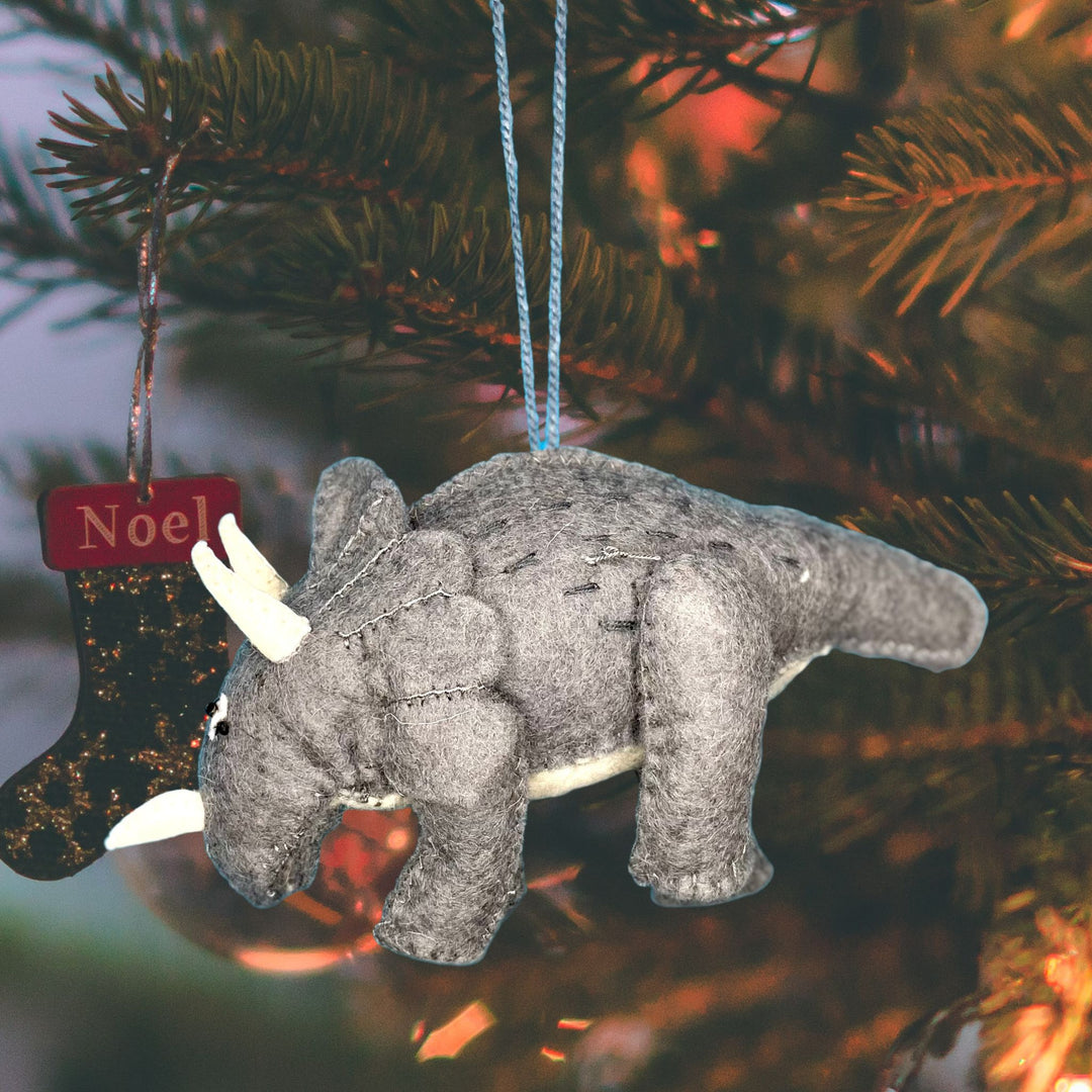 Gray Triceratops Dinosaur hand-felted Christmas ornament